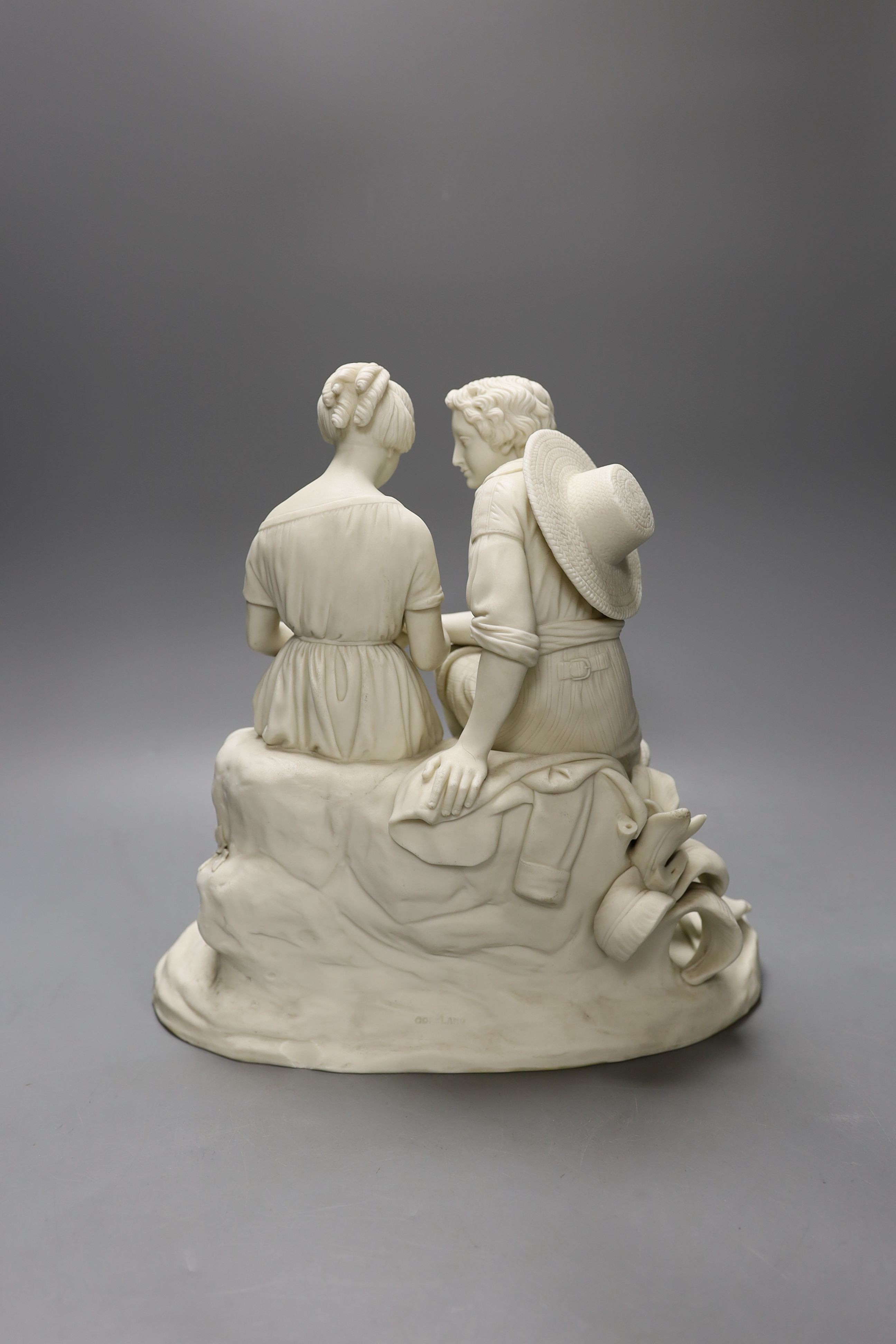 A Copeland parian group of Paul and Virginia after a model by C. Cumberworth, the couple seated with Paul offering a small bird's nest to Virginia, 29.5 cm high
